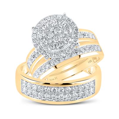 14kt Gold His Hers Diamond Cluster Matching Wedding Set 1-7/8 Cttw
