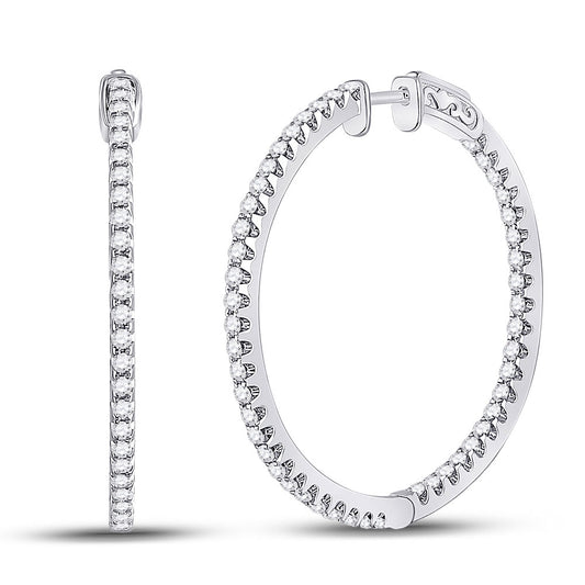 14kt White Gold Womens Round Diamond Slender Single Row Hoop Earrings 1-1/2 Cttw