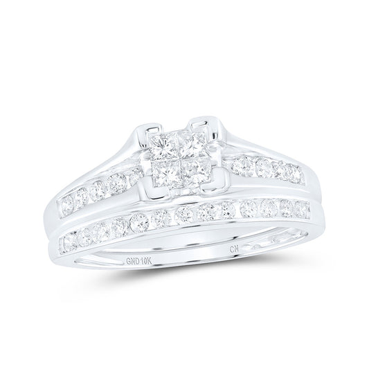 10kt White Gold Princess Diamond Bridal Wedding Ring Band Set 1/2 Cttw
