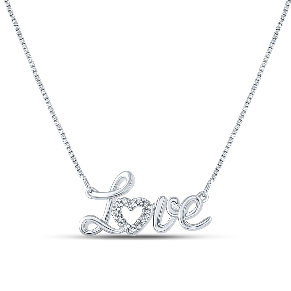 Sterling Silver Womens Round Diamond Love Heart Necklace 1/20 Cttw