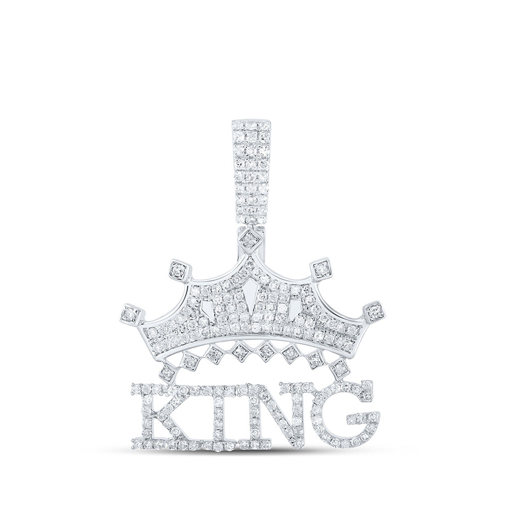 Sterling Silver Mens Round Diamond KING Crown Charm Pendant 7/8 Cttw