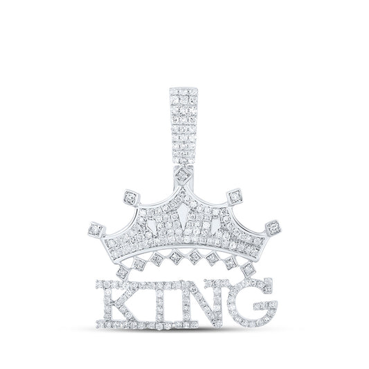 Sterling Silver Mens Round Diamond KING Crown Charm Pendant 7/8 Cttw