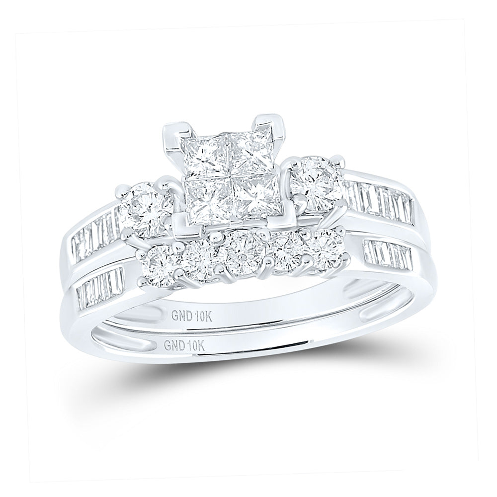 10kt White Gold Womens Princess Diamond Bridal Wedding Ring Band Set 1.00 Cttw